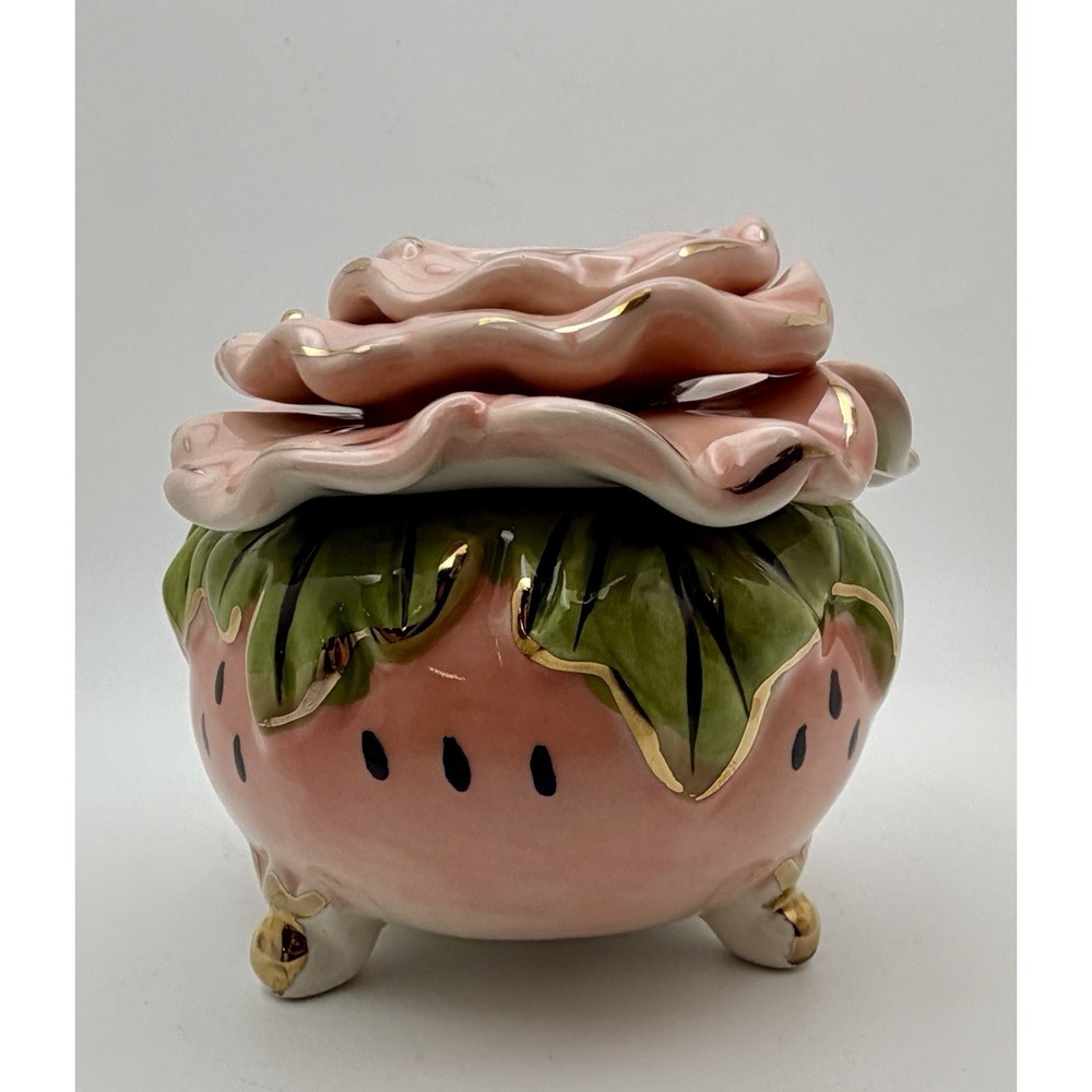 Blue Sky Heather Goldminc Strawberry Rose Trinket Box Ceramic Lidded 2009 Gold